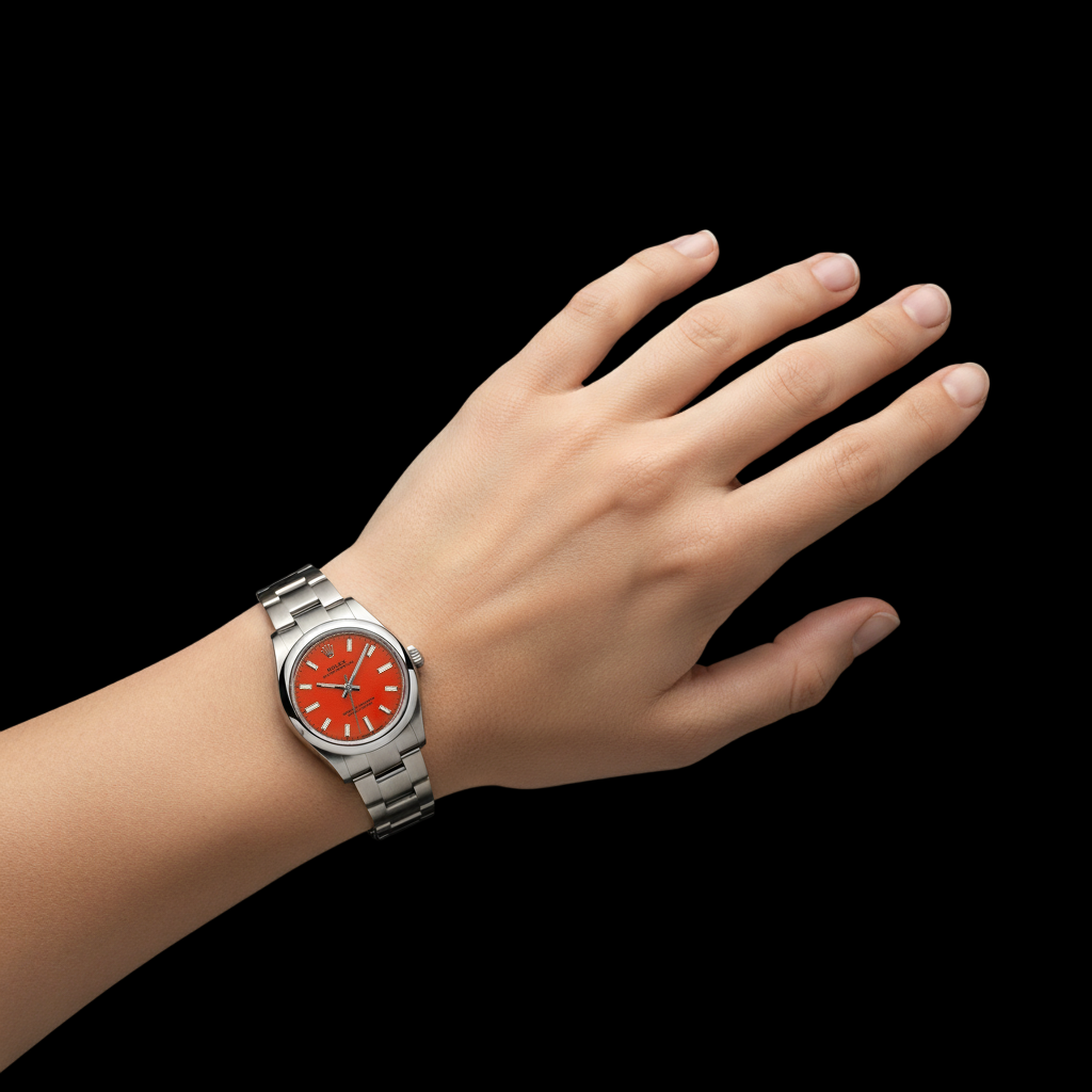 Rolex Oyster Perpetual 31mm Coral Red Luminous Dial Steel Men's Watch