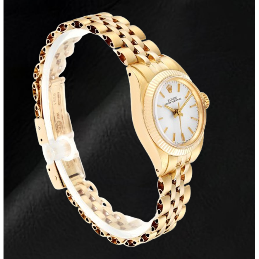 Rolex Oyster Prepetual Silver Stick Dial 24 mm Yellow Gold Ladies Watch