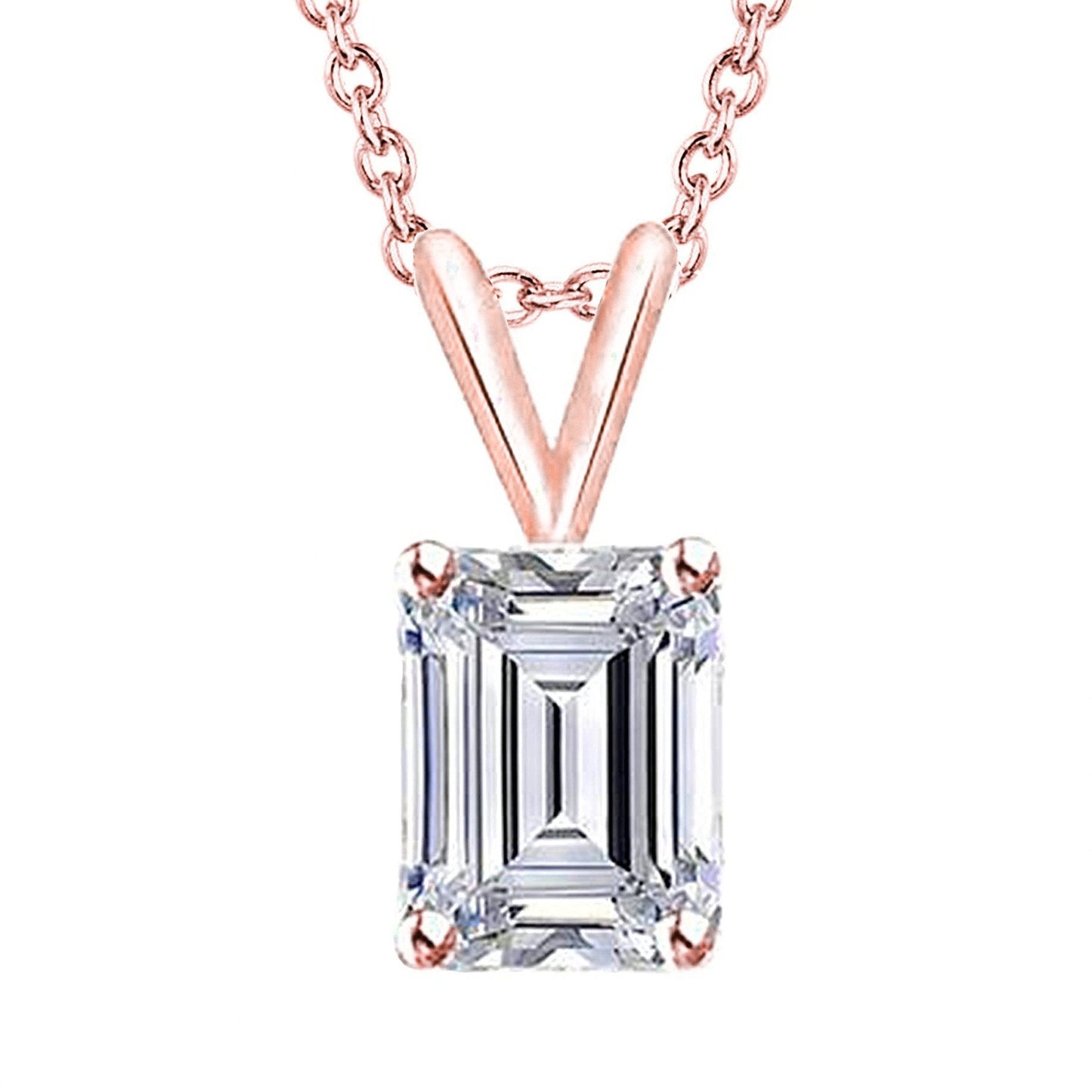 Rose Gold 14K Emerald Cut Genuine Diamond Necklace Pendant 2 Carats