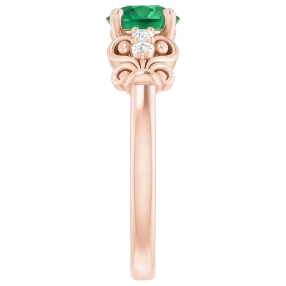 Rose Gold 14K Natural Earth Mined Diamond Round Green Emerald Ring 1.40 Carats