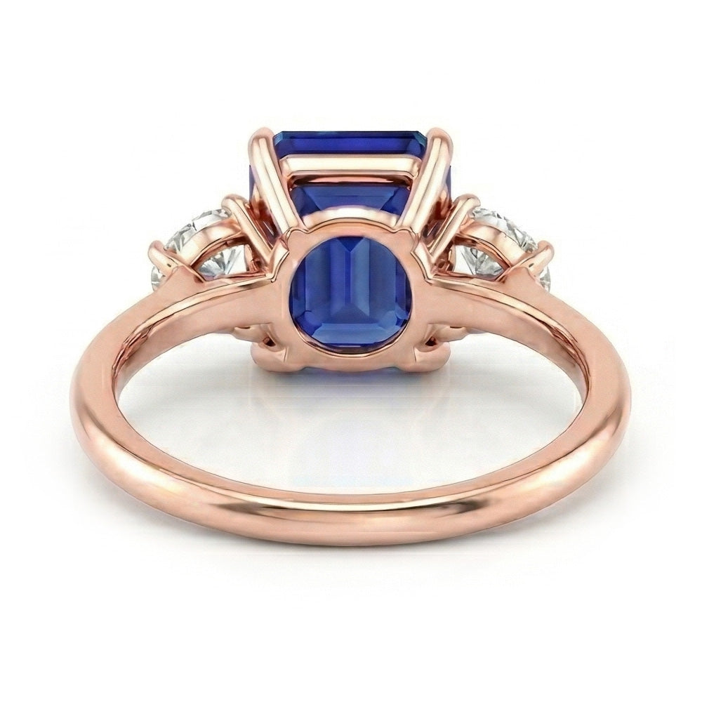 Rose Gold Emerald Sapphire 3 Stone Half Moon Natural Earth Mined Diamonds Ring 4 Carats