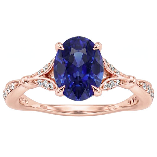 Rose Gold Gemstone Ring Split Shank Blue Sapphire & Natural Earth Mined Diamonds 3 Carats