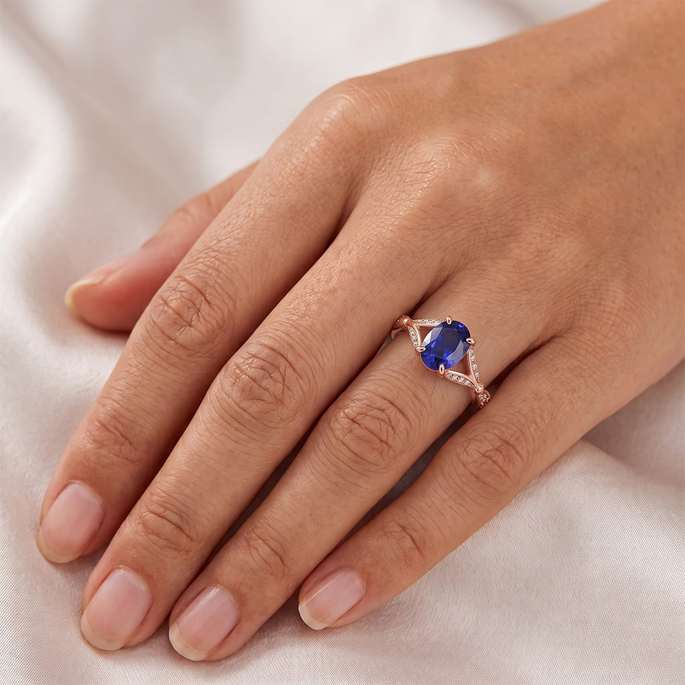 Rose Gold Gemstone Ring Split Shank Blue Sapphire & Natural Earth Mined Diamonds 3 Carats