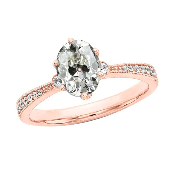 Rose Gold Oval Old Miner Real Diamond Ladies Ring 4.25 Carats Tapered Shank