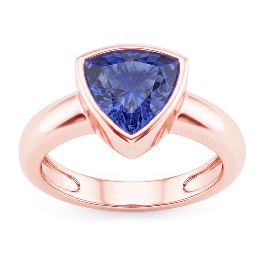 Rose Gold Solitaire Ring 2 Carats Blue Sapphire Bezel Set Trillion Cut