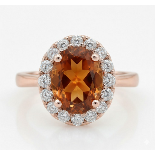 Rose Gold 14K Oval Cut Citrine And Natural Earth Mined Diamond Wedding Ring 27.50 Ct.