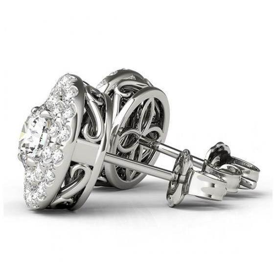 Round Center Diamond 2.10 Carats Halo Pair Stud Earring White Gold 14K