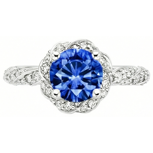 Round Ceylon Sapphire Gem Stone Natural Earth Mined DIAMOND ( NOT LAB GROWN ) Ring White Gold 14K 2.15 Ct.