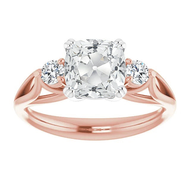 Round & Cushion Old Cut Real Diamond 3 Stone Ring Double Prong Set 7 Carats