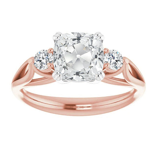 Round & Cushion Old Cut Real Diamond 3 Stone Ring Double Prong Set 7 Carats