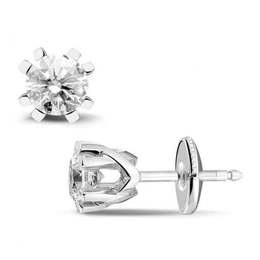 Round Cut 2 Ct Real Diamond Ladies Studs Crown Setting 14K White Gold