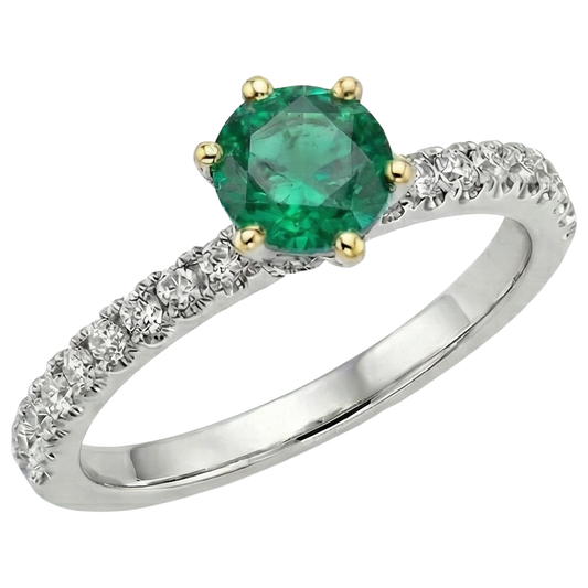 Colombian Emerald Round Cut Colored Stone Ring in Two-Tone 14K Gold – front view