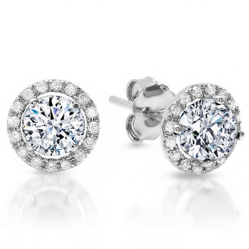 Round Cut Real Diamond Halo Stud Ladies Earrings 3.40 Carat White Gold 14K