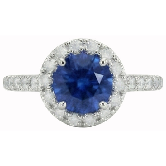 Round Cut Sri Lankan Sapphire Halo Natural Earth Mined Diamond Ring White Gold 14K
