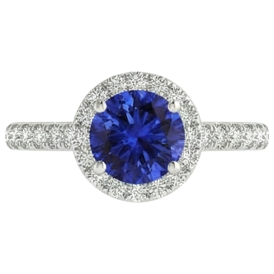 Round Cut Tanzanite And Natural Earth Mined Diamonds 11 Ct Ring White Gold 14K