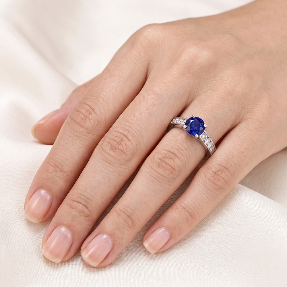 Round Engagement Ring Sapphire 2 Carats Channel Set Natural Earth Mined Diamonds