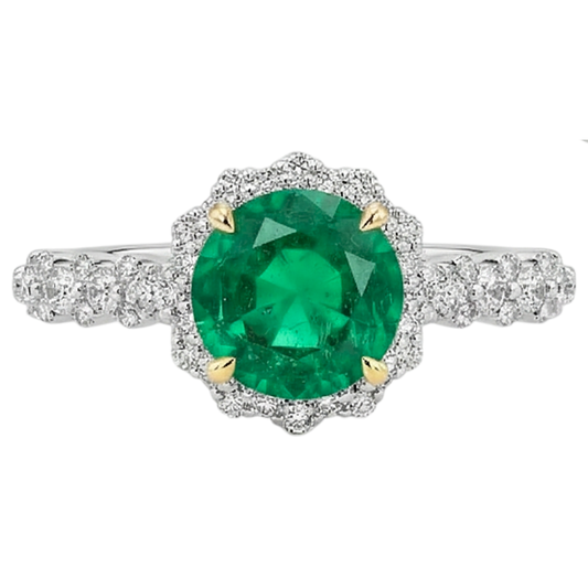 Fine Emerald Round Brilliant Colored Stone Ring in 14 Karat Two Tone Gold – front view
