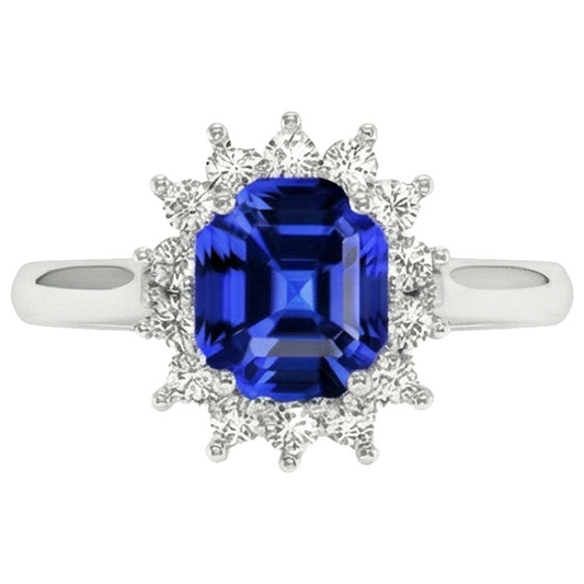 Round Halo IGI CERTIFIED Diamond Asscher Cut Blue Sapphire 6.50 Carats Ring Gold 14K