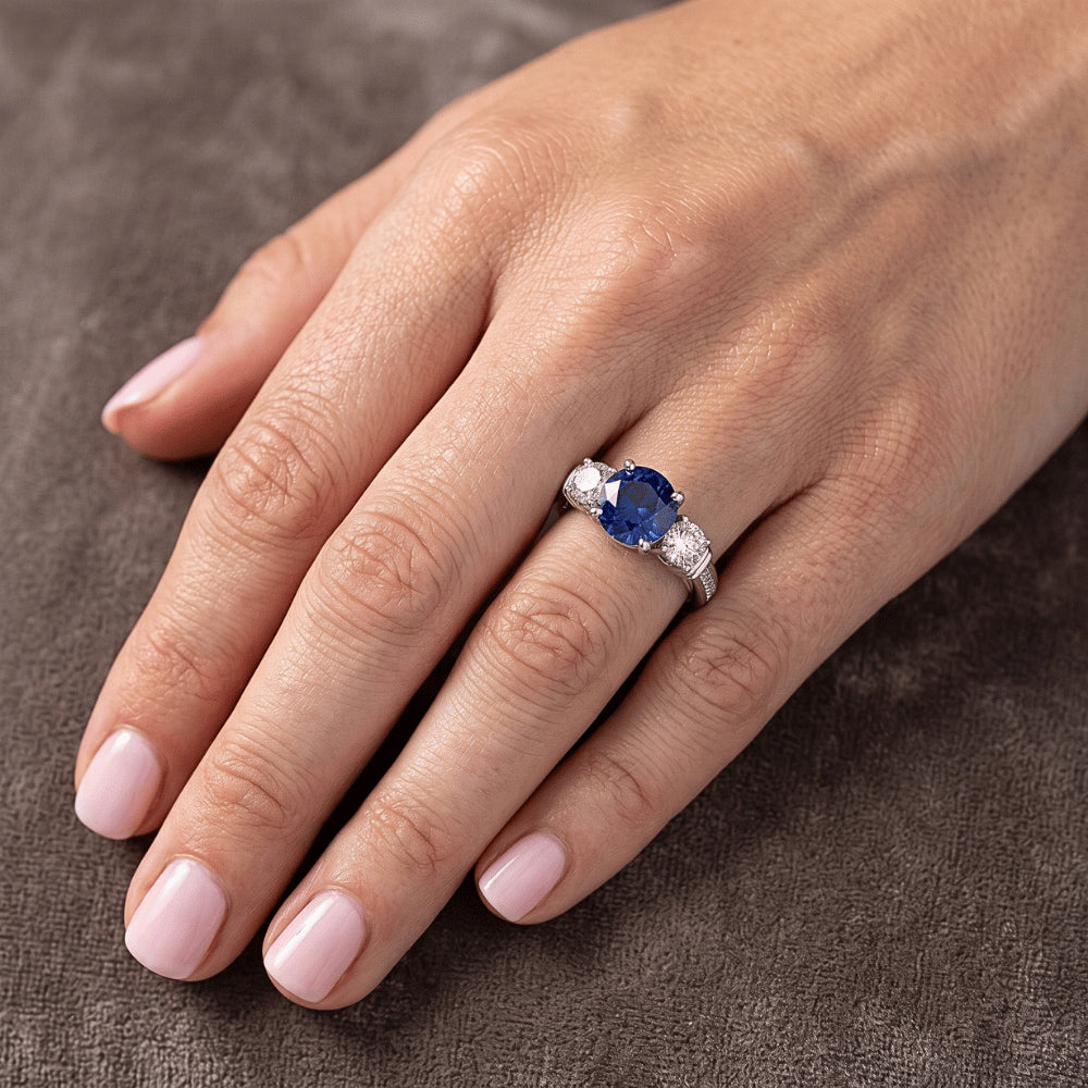 Round Natural Earth Mined Diamond Bezel Set Blue Sapphire Ring 3 Carats White Gold 14K