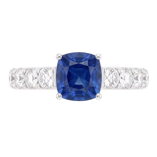 Round Natural Earth Mined Diamond Cushion Blue Sapphire Gemstone Ring 3 Carats White Gold