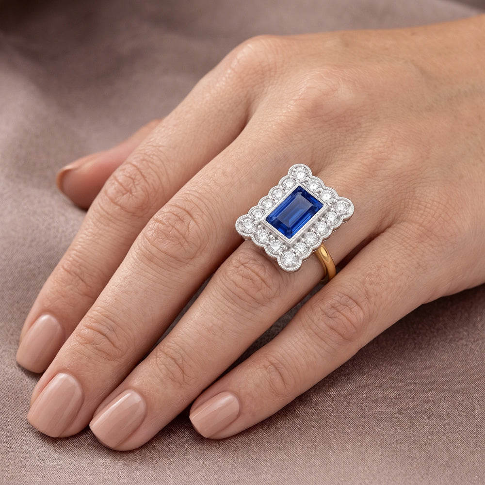 Round Natural Earth Mined Diamond Flower Style Halo Blue Sapphire Ring 3 Carats
