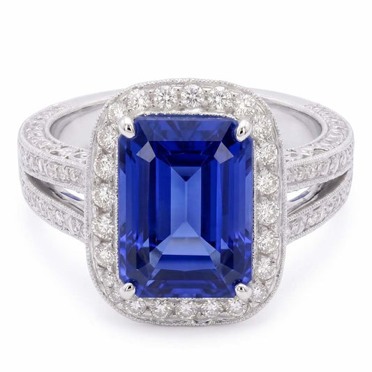 Round Natural Earth Mined Diamond Halo Radiant Sapphire Ring Split Milgrain Shank 5 Carats