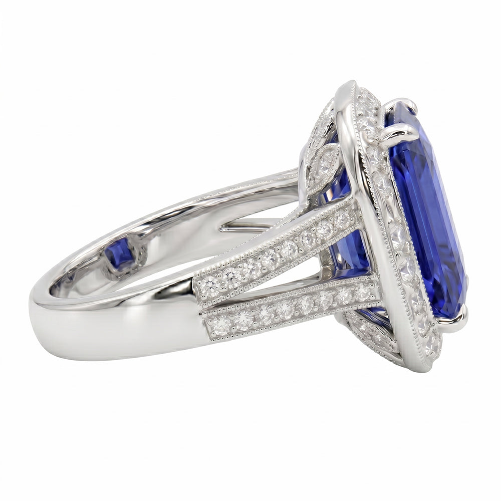 Round Natural Earth Mined Diamond Halo Radiant Sapphire Ring Split Milgrain Shank 5 Carats