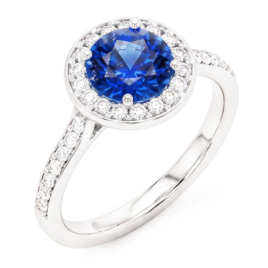 Round Natural Earth Mined Diamond Halo Ring Ceylon Sapphire 4 Carats White Gold Accents