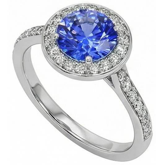 Round Natural Earth Mined Diamond Halo Ring Ceylon Sapphire 4 Carats White Gold Accents