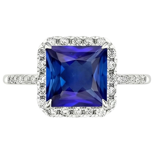 Round Natural Earth Mined Diamond & Blue Sapphire Engagement Ring With Accents 6 Carats