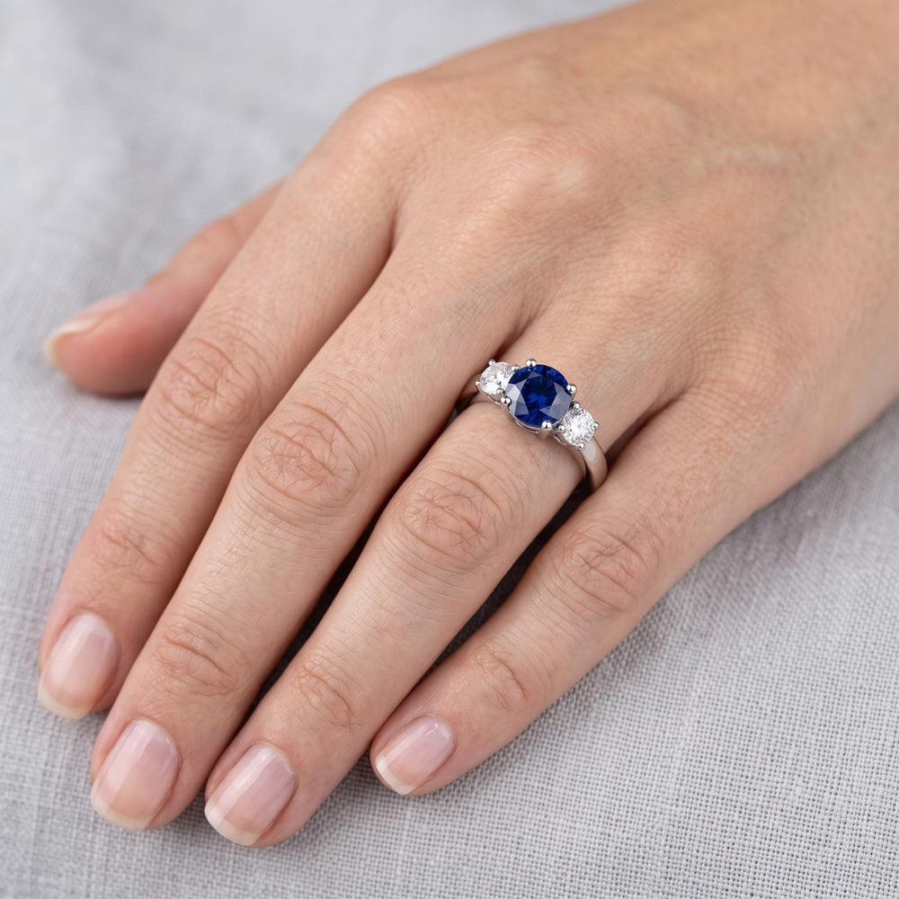 Round Natural Earth Mined Diamond & Ceylon Sapphire Ring 3 Carats 3 Stone White Gold 14K