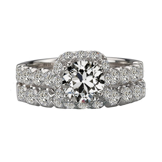 Round Natural Old Cut Diamond Engagement Ring Set 14K White Gold 7 Carats