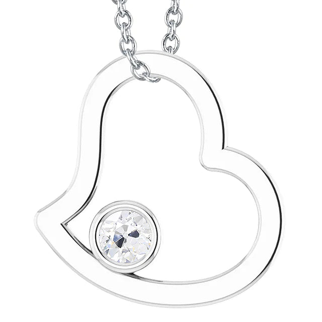 Round Old Cut Bezel Set Real Diamond Pendant Heart Shaped 1 Carat 14K