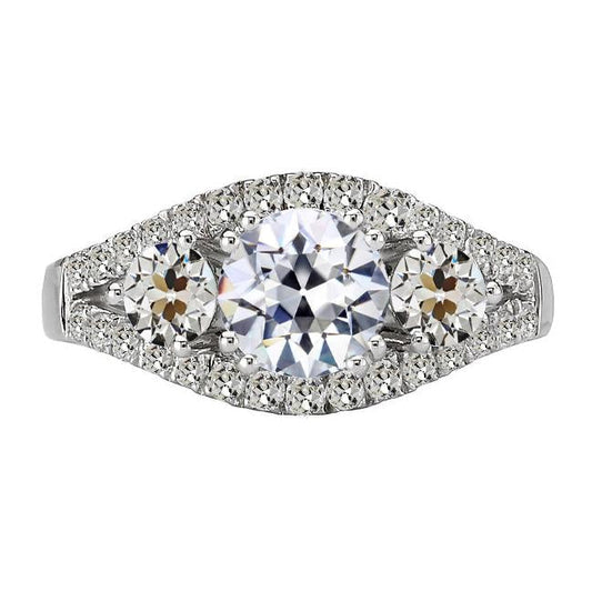Round Old Cut Natural Earth Mined Diamond Engagement Ring 3 Stone Style 6.50 Carats