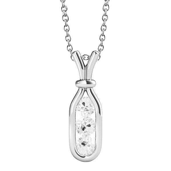 Round Old European Genuine Three Stone Diamond Pendant 1.50 Carats Gold 14K