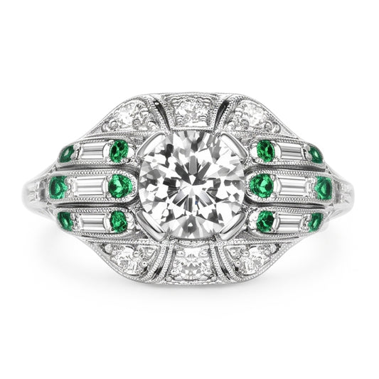 Round Old Mine Cut Genuine Natural Earth Mined Diamond Ring Baguette & Green Sapphire 3.25 Carats