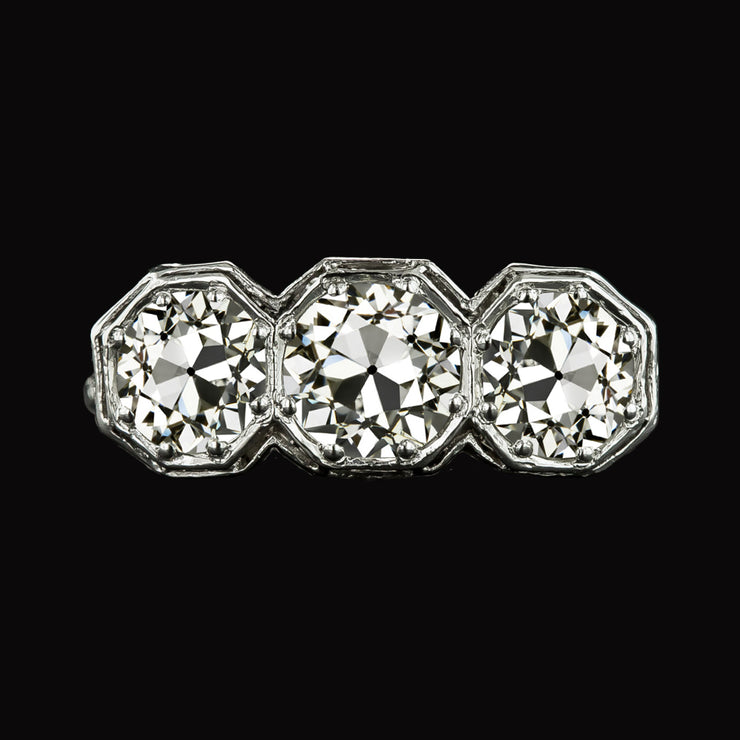 Round Old Mine Cut Real Diamond Ring 3 Stone Gold Jewelry 6 Carats