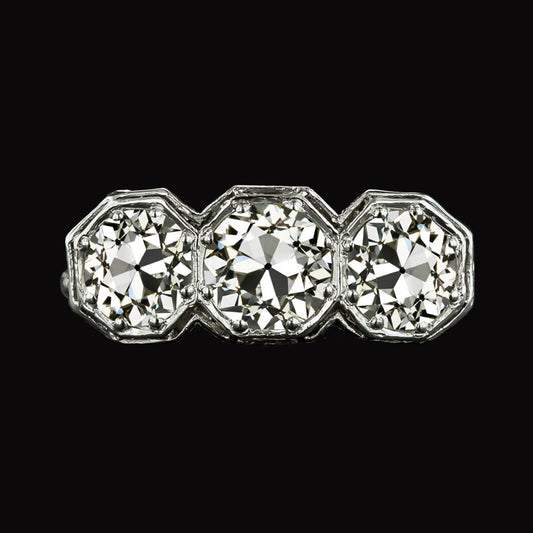 Round Old Mine Cut Real Diamond Ring 3 Stone Gold Jewelry 6 Carats