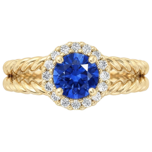Round Sapphire And Natural Earth Mined DIAMOND ( NOT LAB GROWN ) Fancy Ring 2 Carats Yellow Gold 14K