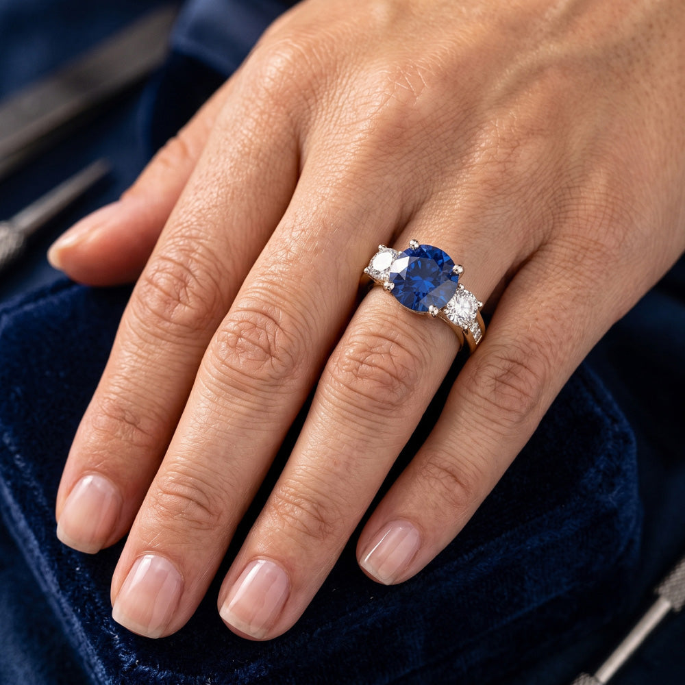 Round Sapphire Gemstone Ring Channel Set Natural Earth Mined Diamonds 4 Carats