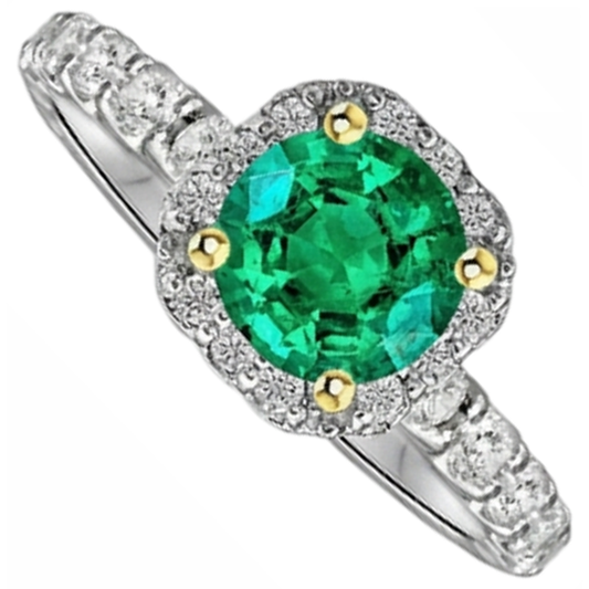 Emerald Round Brilliant Gemstone Ring in 14 Karat Two Tone Gold – front view