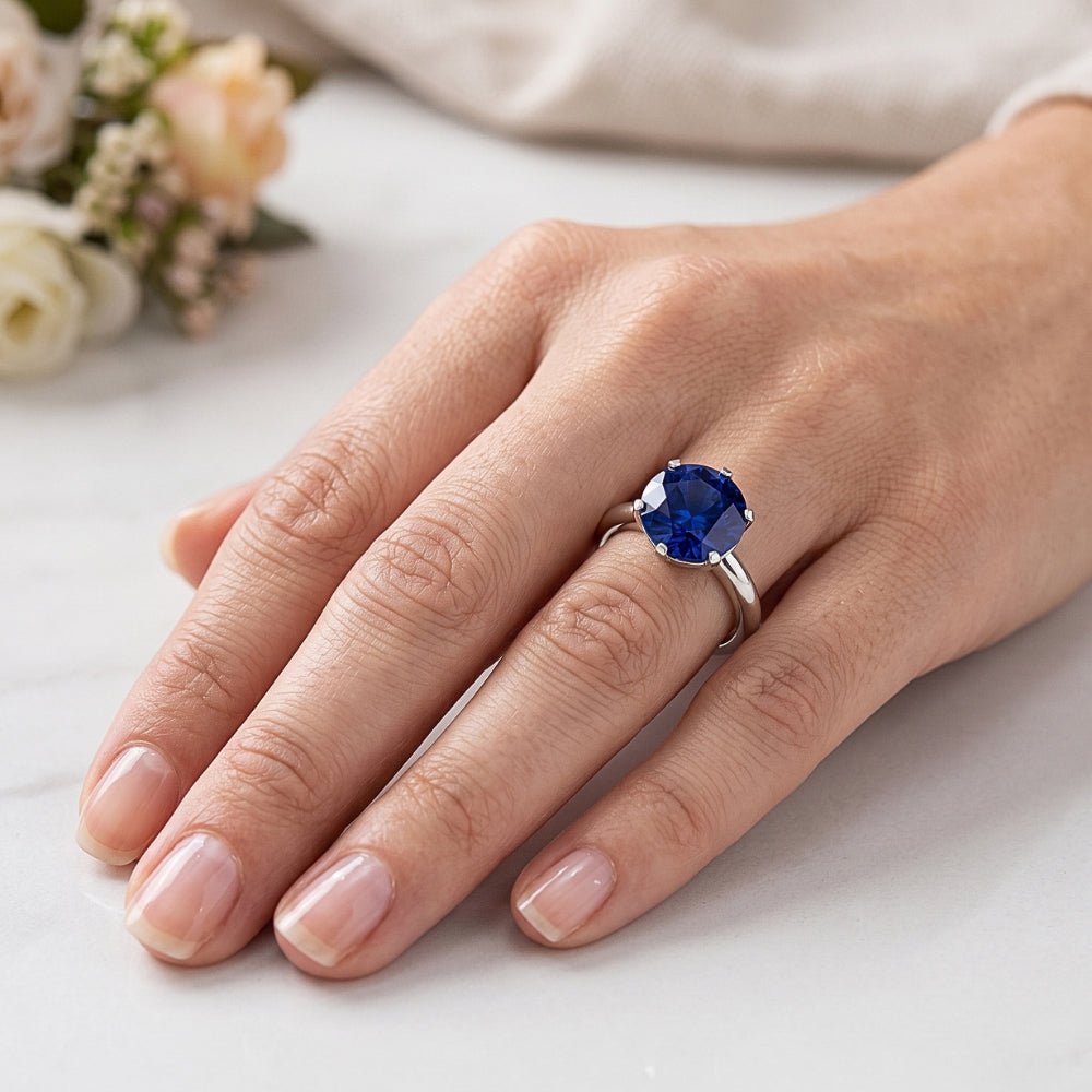 Round Solitaire Sapphire Ring 3 Carats White Gold Jewellery