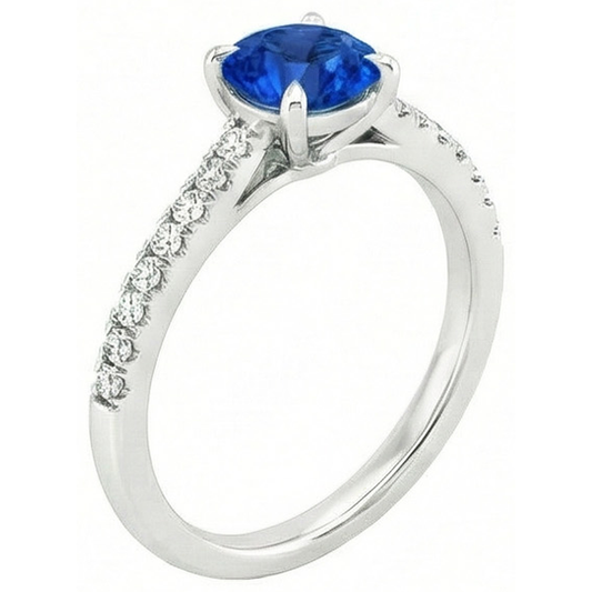 Round Sri Lanka Sapphire Ring Natural Earth Mined DIAMOND ( NOT LAB GROWN ) Jewellery White Gold 14K