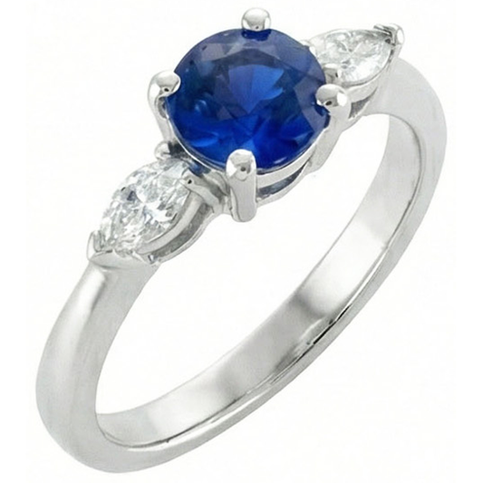Round & Marquise Ceylon Blue Sapphire Natural Earth Mined DIAMOND ( NOT LAB GROWN )s Ring White Gold 2.50 Ct