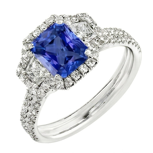 Round & Trapezoid Natural Earth Mined Diamond Halo Sapphire Engagement Ring 4 Carats