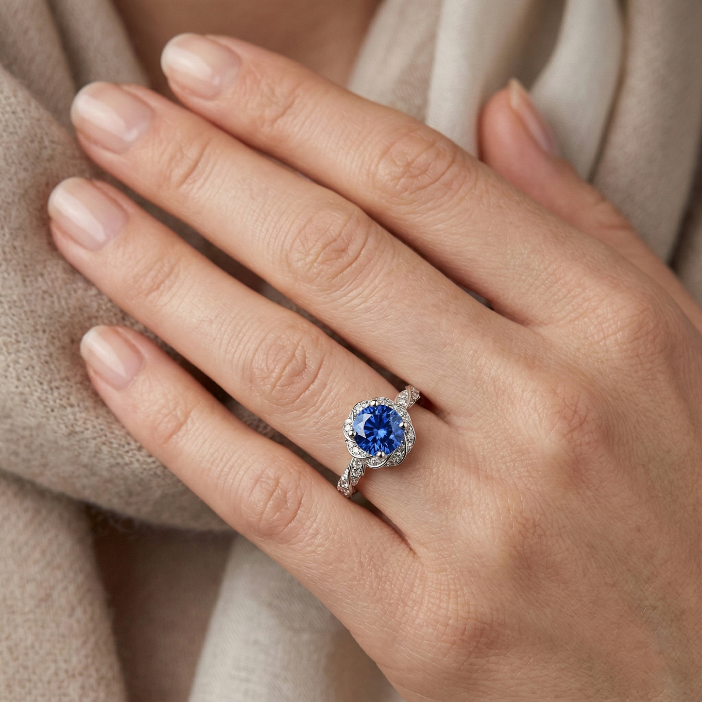 Round Ceylon Sapphire Gem Stone Natural Earth Mined DIAMOND ( NOT LAB GROWN ) Ring White Gold 14K 2.15 Ct.
