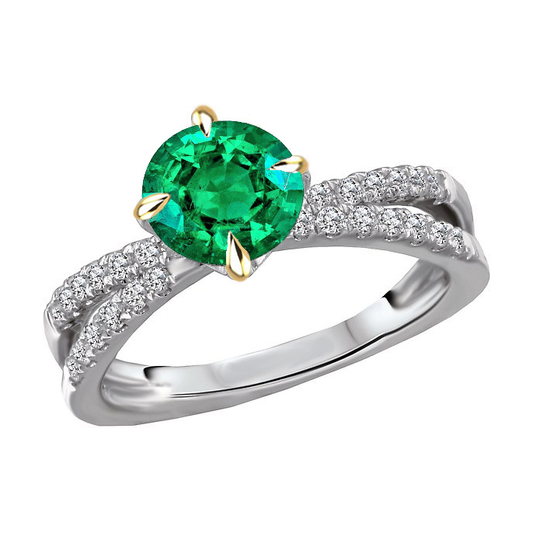 Round Cut Colombian Emerald ring in Two-Tone 14K Gold – main view