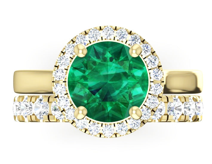 Round Green Emerald Yellow Gold Ring Set