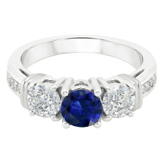 Round Natural Earth Mined Diamond Bezel Set Blue Sapphire Ring 3 Carats White Gold 14K