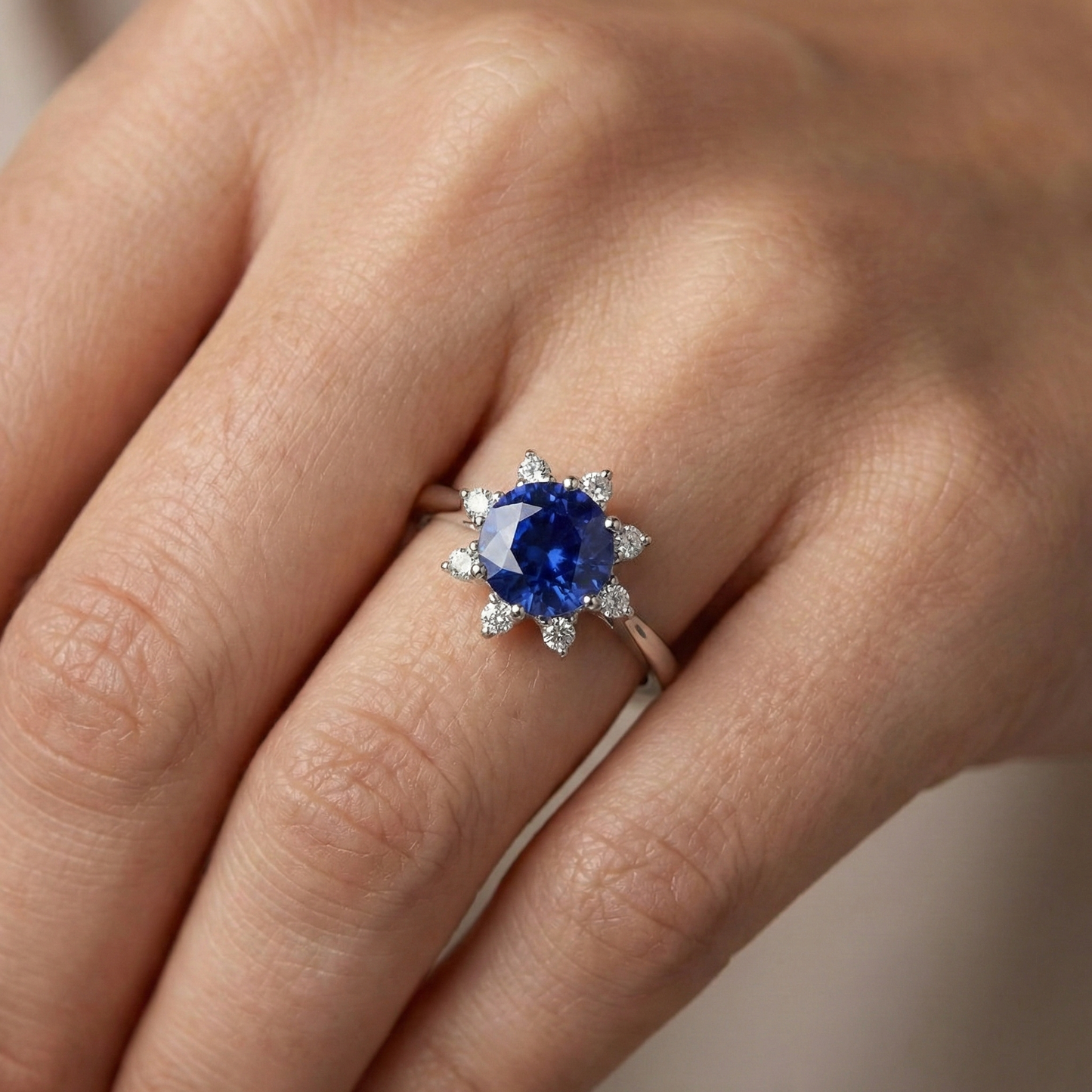 Round Natural Earth Mined Diamond Halo Star Style Blue Sapphire Ring 3 Carats White Gold